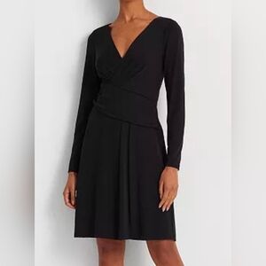 LAUREN Ralph Lauren Long Sleeve Faux Wrap Pleated Jersey Dress: Black: Size- 10